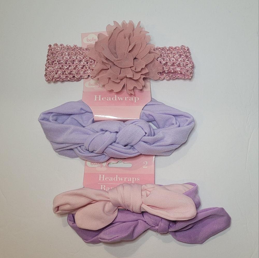 4 Baby Girls Flower Knit Headwrap & Knot Headband Set - Pink & Lavender